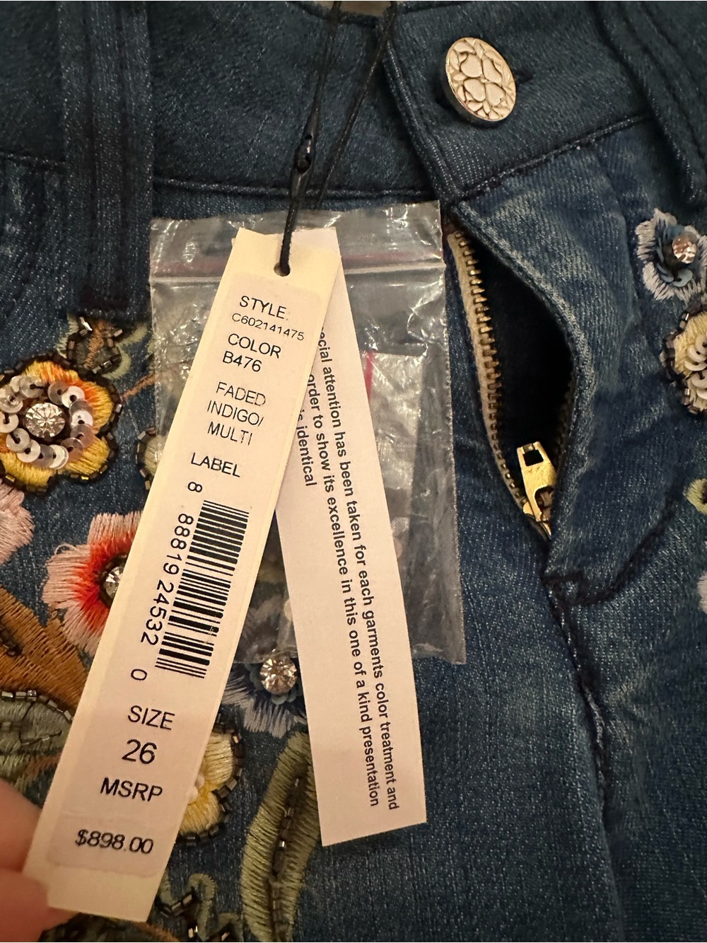 Alice + Olivia Blue Flare Jeans with Multicolor Floral Crystal bead Embroidery - Picture 7 of 12